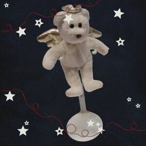 TY Beanie Baby Babies Angel Bear HALO 2 Rattle & Clip 1965 & Brown Nose Error